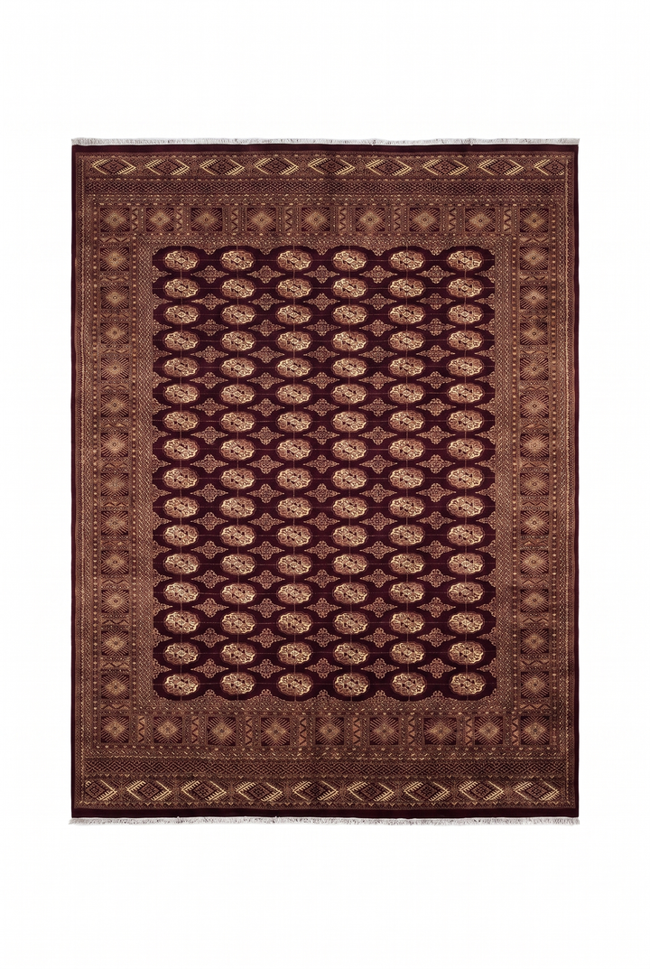 Aubergine and Tan Bokhara, Hand-Knotted Wool Rug