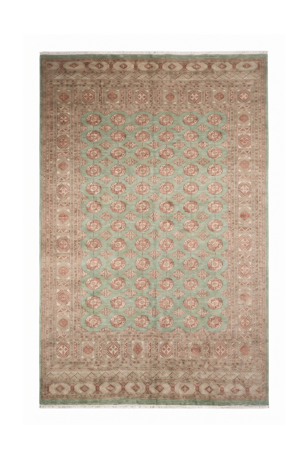 Sage and Rose Turkmen Gül Bokhara, Hand-Knotted Wool Rug