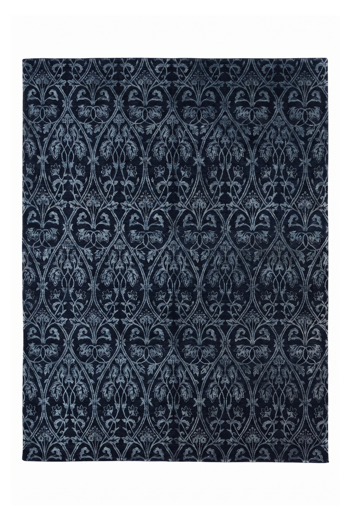 Indigo Trellis Ghazni, Hand-Knotted Wool and Silk Rug