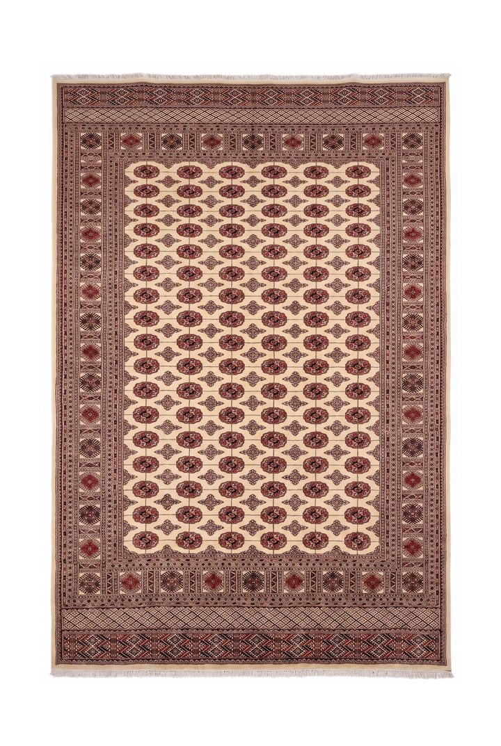 Ivory and Rust Turkmen Gül Bokhara, Hand-Knotted Wool Rug