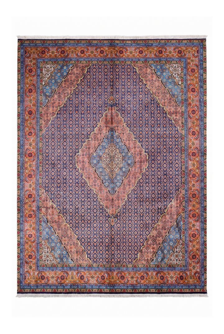 Slate Blue and Salmon Mahi Medallion, Hand-Knotted Wool Rug