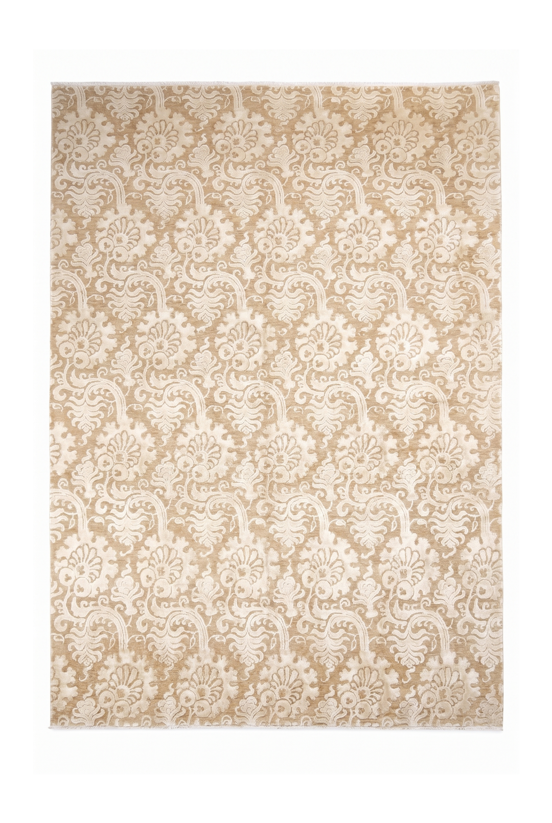Ivory and Camel Damask Ghazni, Hand-Knotted Wool and Silk Rug