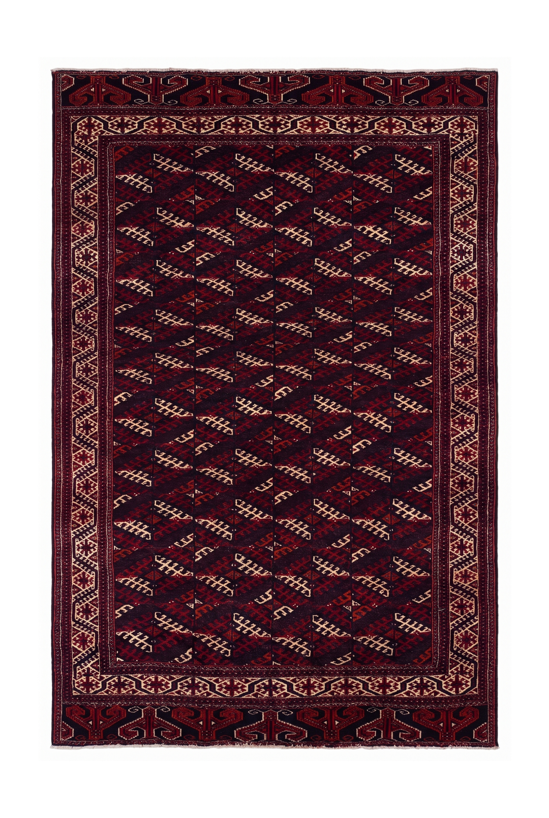 Aubergine and Ivory Turkmen Panel, Hand-Knotted Wool Rug