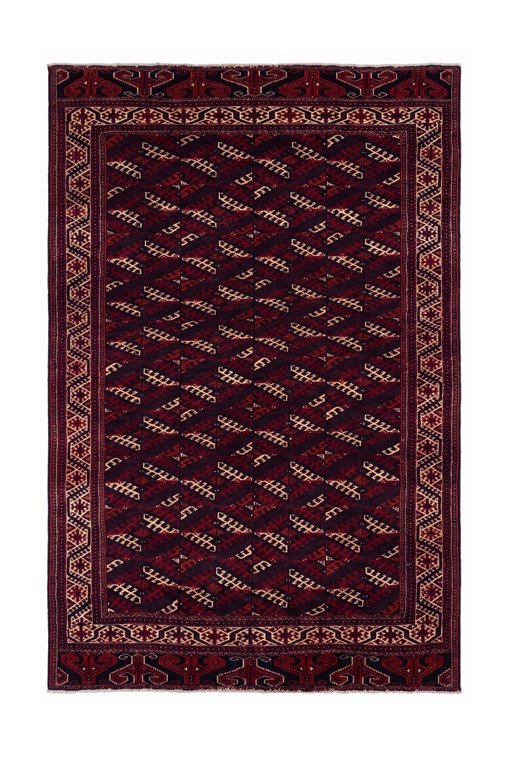 Aubergine and Ivory Turkmen Panel, Hand-Knotted Wool Rug