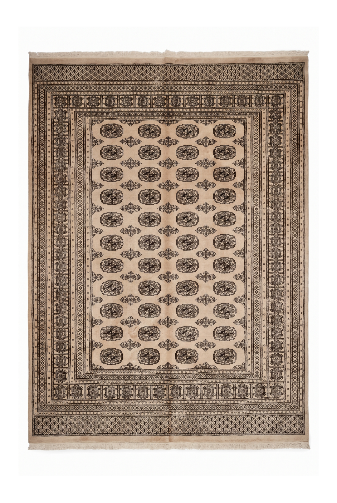 Cream and Walnut Turkmen Gül Bokhara, Hand-Knotted Wool Rug