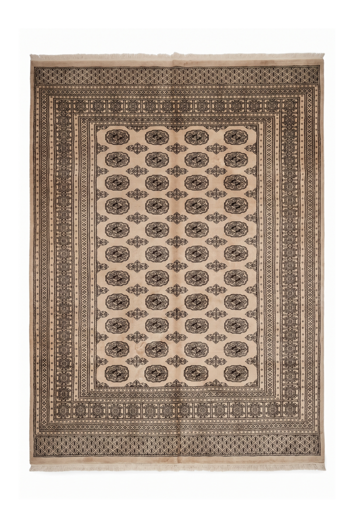 Cream and Walnut Turkmen Gül Bokhara, Hand-Knotted Wool Rug