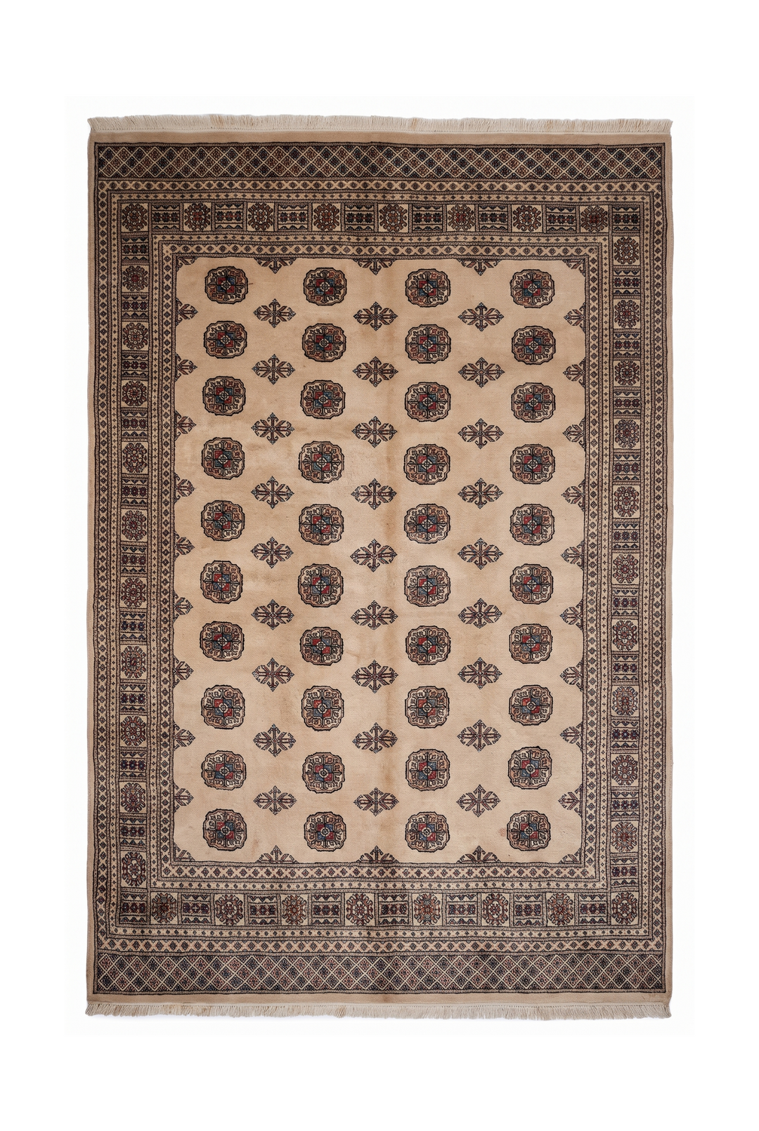 Sand Beige Turkmen Gül Bokhara, Hand-Knotted Wool Rug