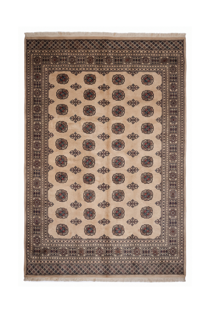 Sand Beige Turkmen Gül Bokhara, Hand-Knotted Wool Rug