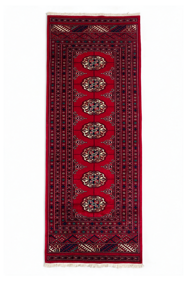 Crimson Single Column Gül Bokhara, Hand-Knotted Wool Rug