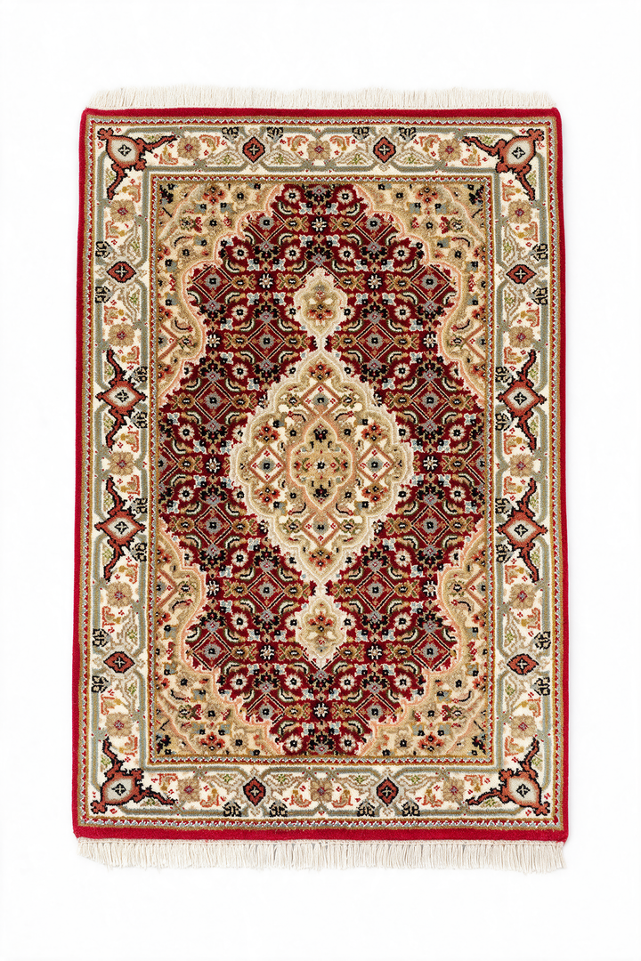 Brick Red and Sandstone Mahi Medallion Tabriz, Hand-Knotted Wool Rug