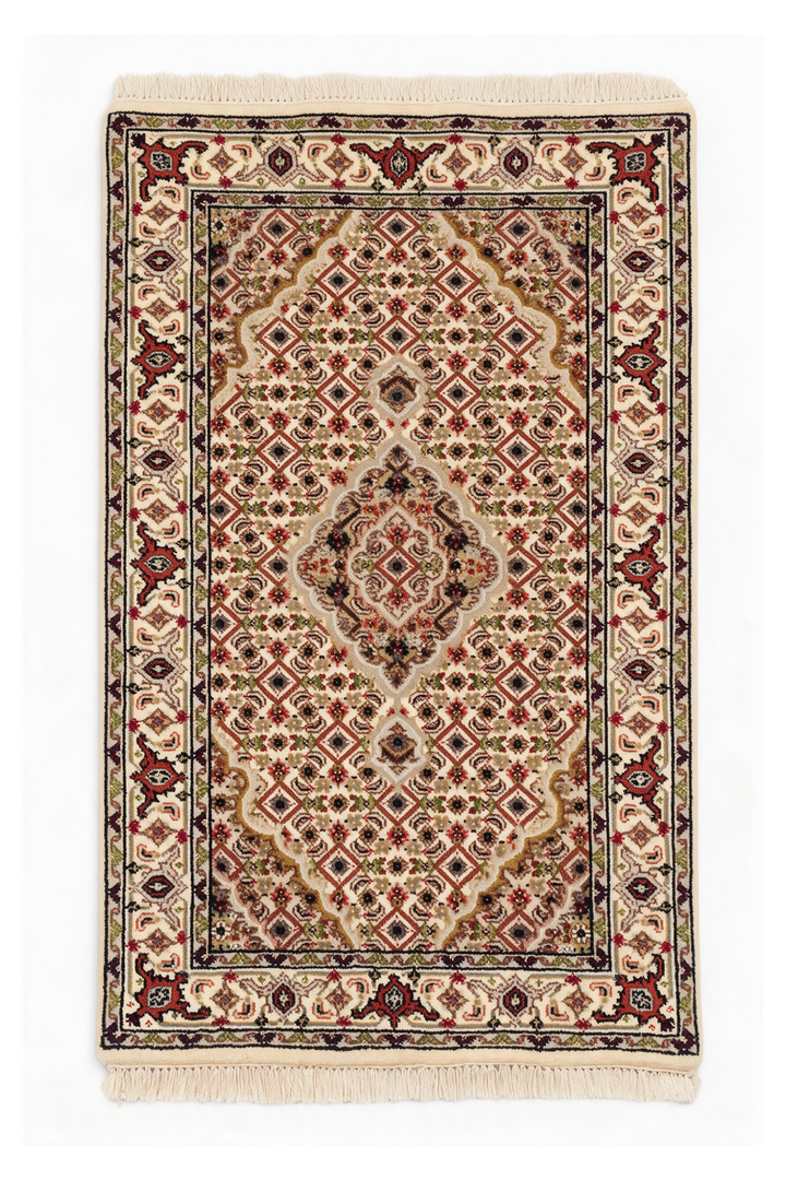 Ivory and Chestnut Mahi Medallion Tabriz, Hand-Knotted Wool Rug