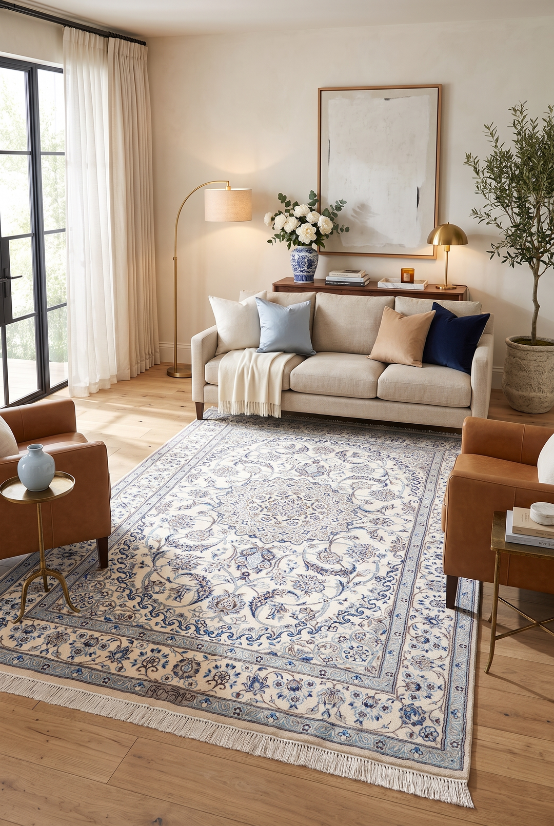 Ivory and Blue Medallion Nain, Hand-Knotted Wool Rug