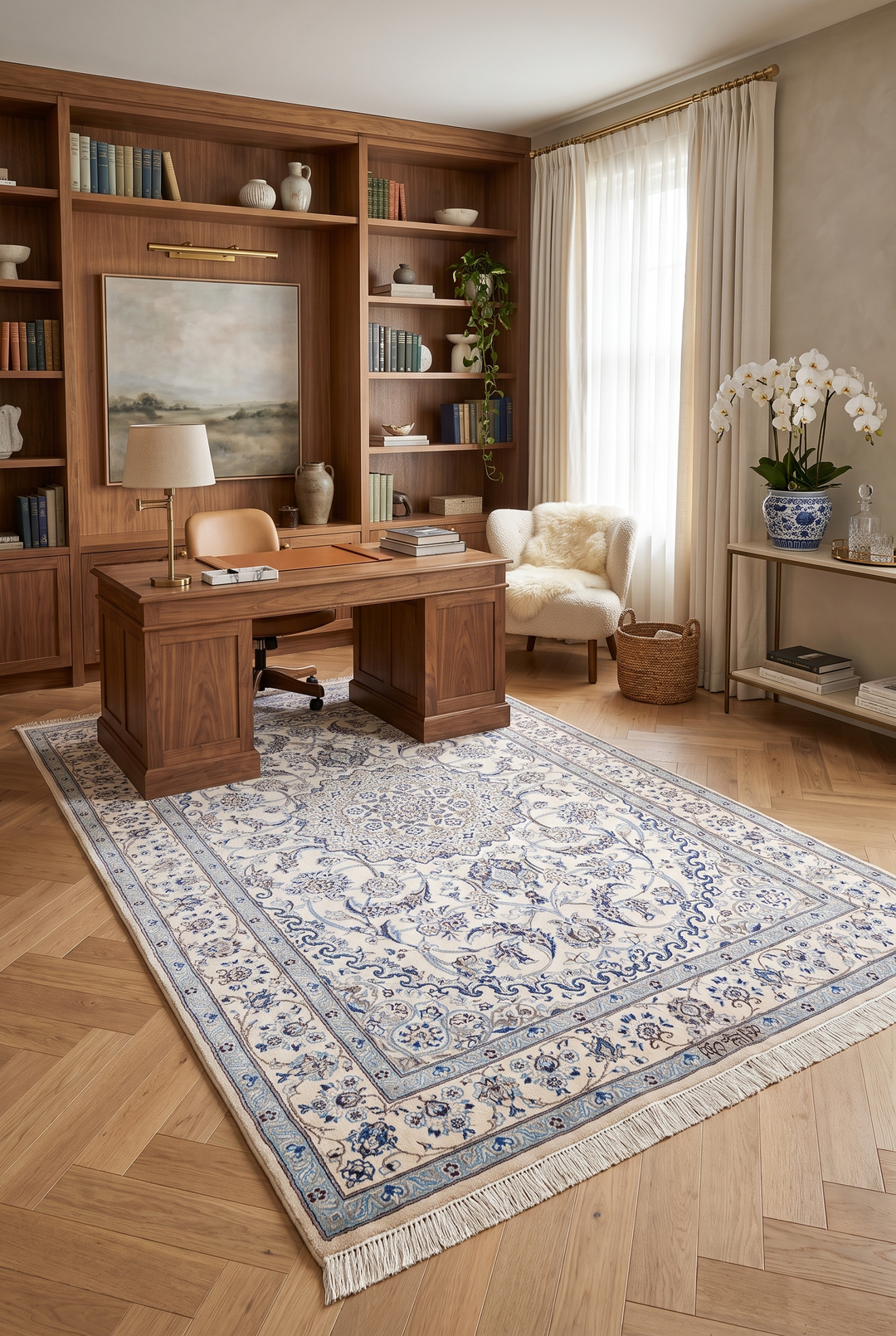 Ivory and Blue Medallion Nain, Hand-Knotted Wool Rug