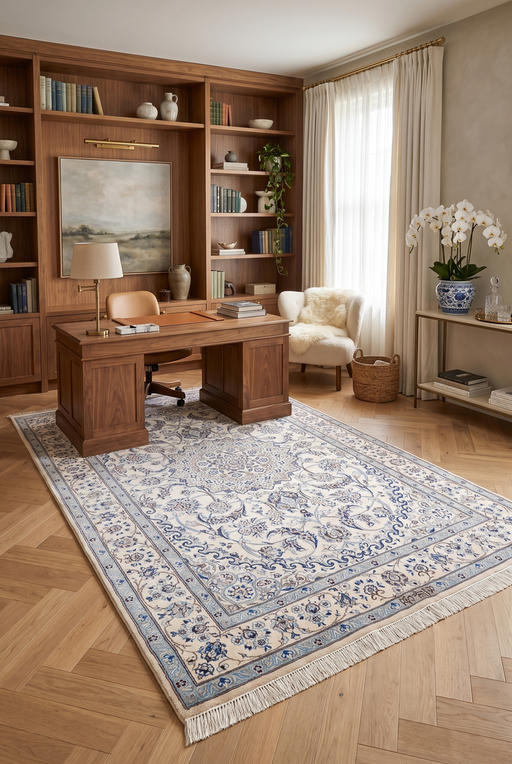 Ivory and Blue Medallion Nain, Hand-Knotted Wool Rug
