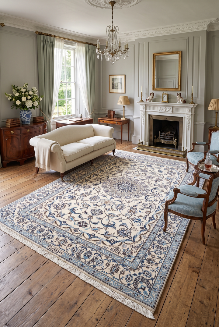 Ivory and Blue Floral Nain, Hand-Knotted Wool Rug