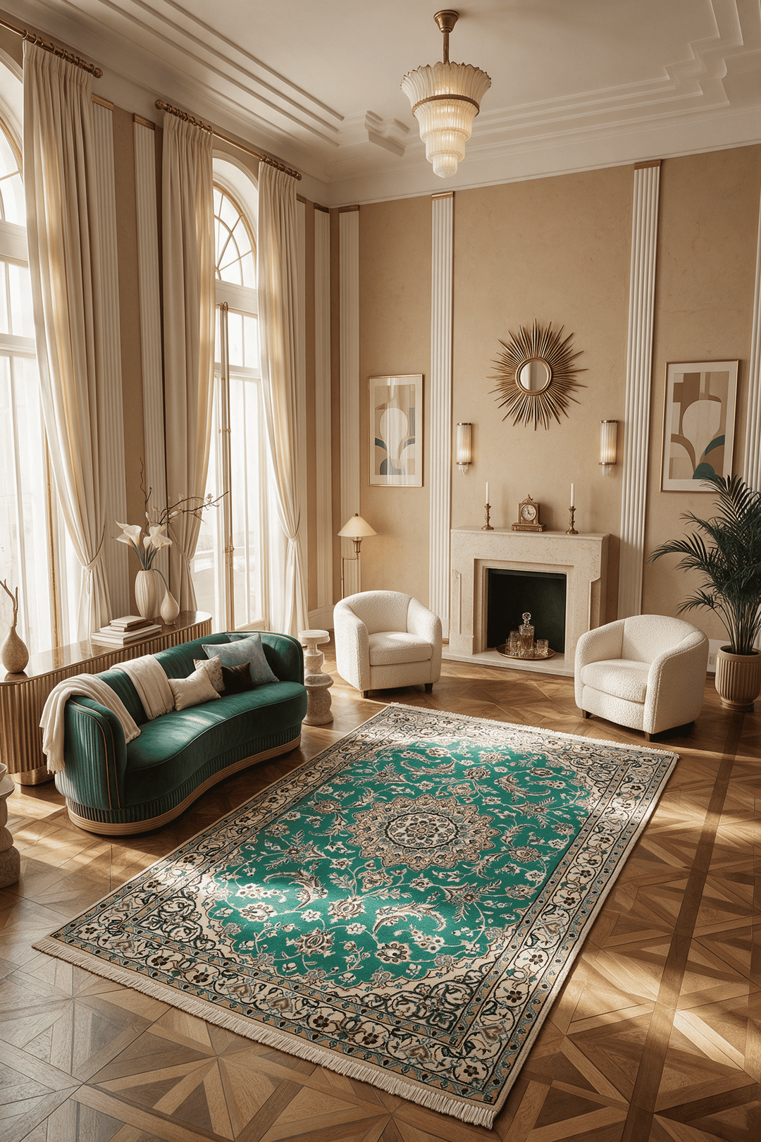 Medallion detail in emerald green on Persian Nain rug