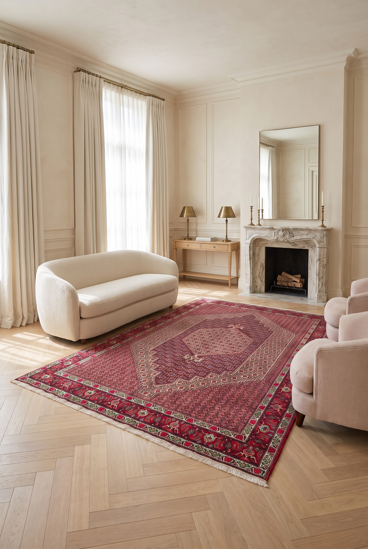 Red Mahi Medallion Tabriz, Hand-Knotted Wool Rug