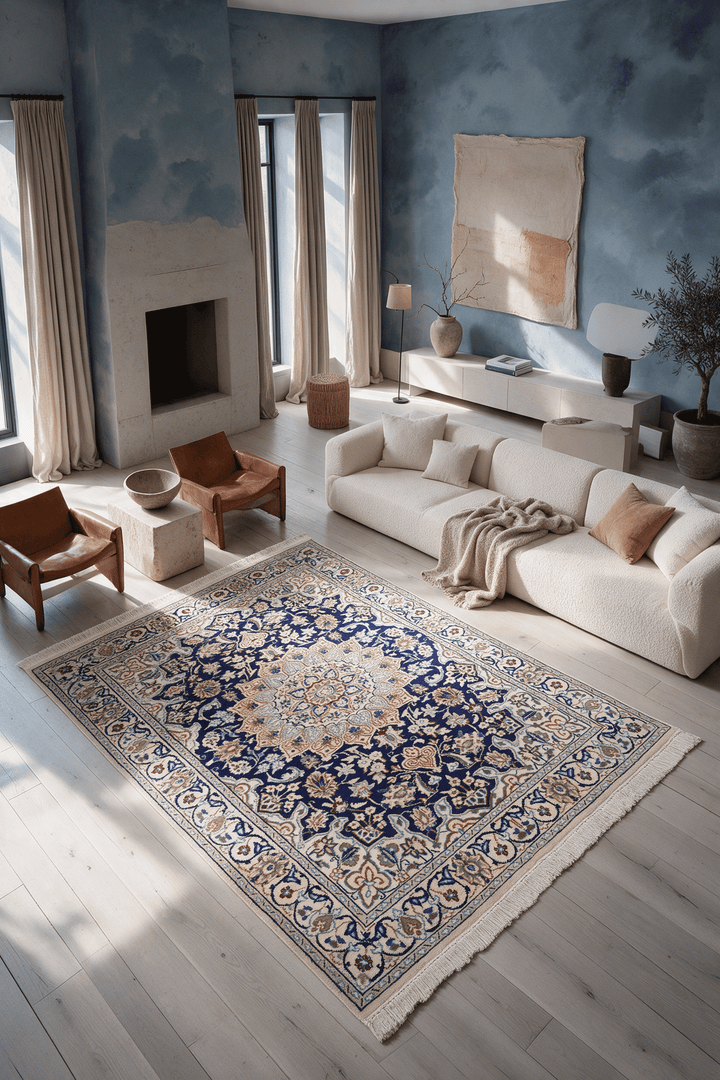 Medallion detail in navy on Persian Nain rug