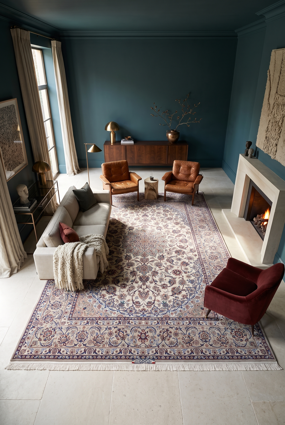 Ivory and Grey Medallion Yazdani Isfahan, Hand-Knotted Wool Rug