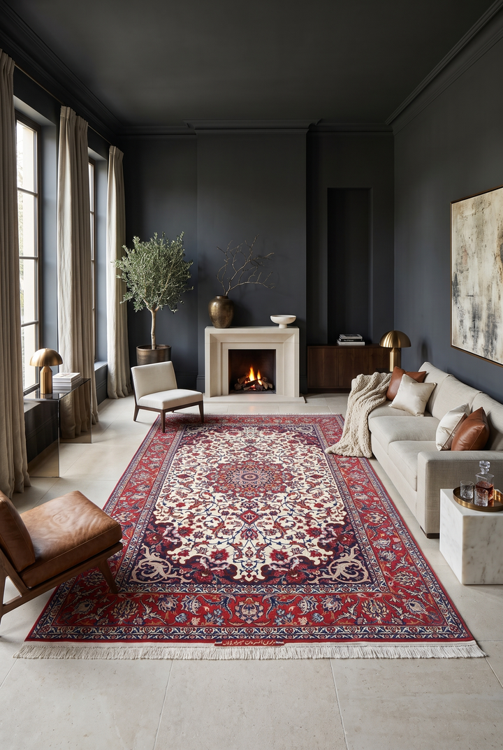 Ivory and Red Star Medallion Sirafian Isfahan, Hand-Knotted Wool Rug