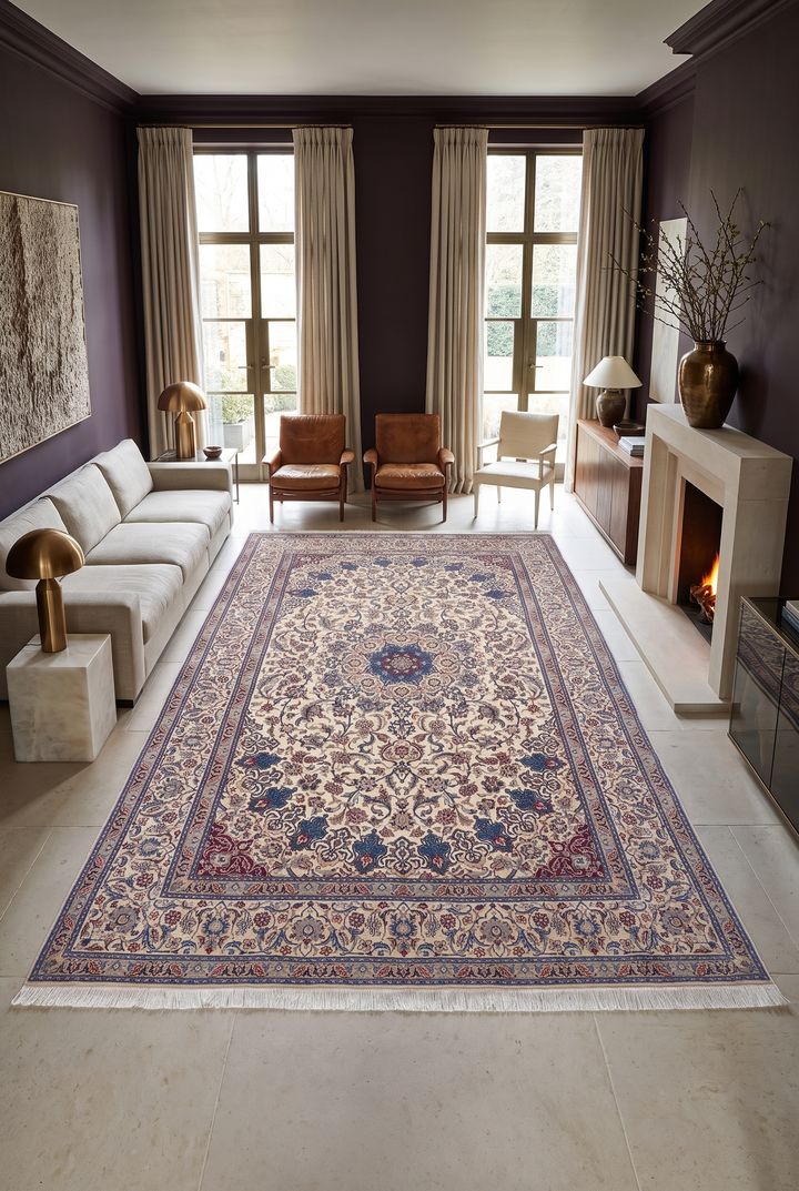 Ivory and Blue Star Medallion Nain, Hand-Knotted Wool Rug