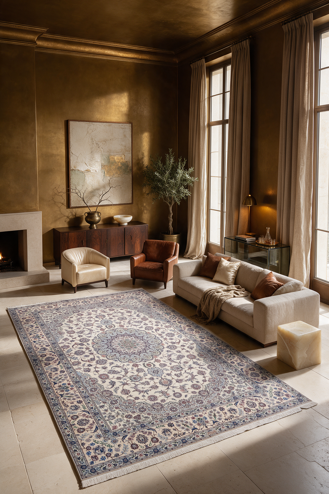 Ivory and Blue Bird Border Medallion Nain, Hand-Knotted Wool Rug