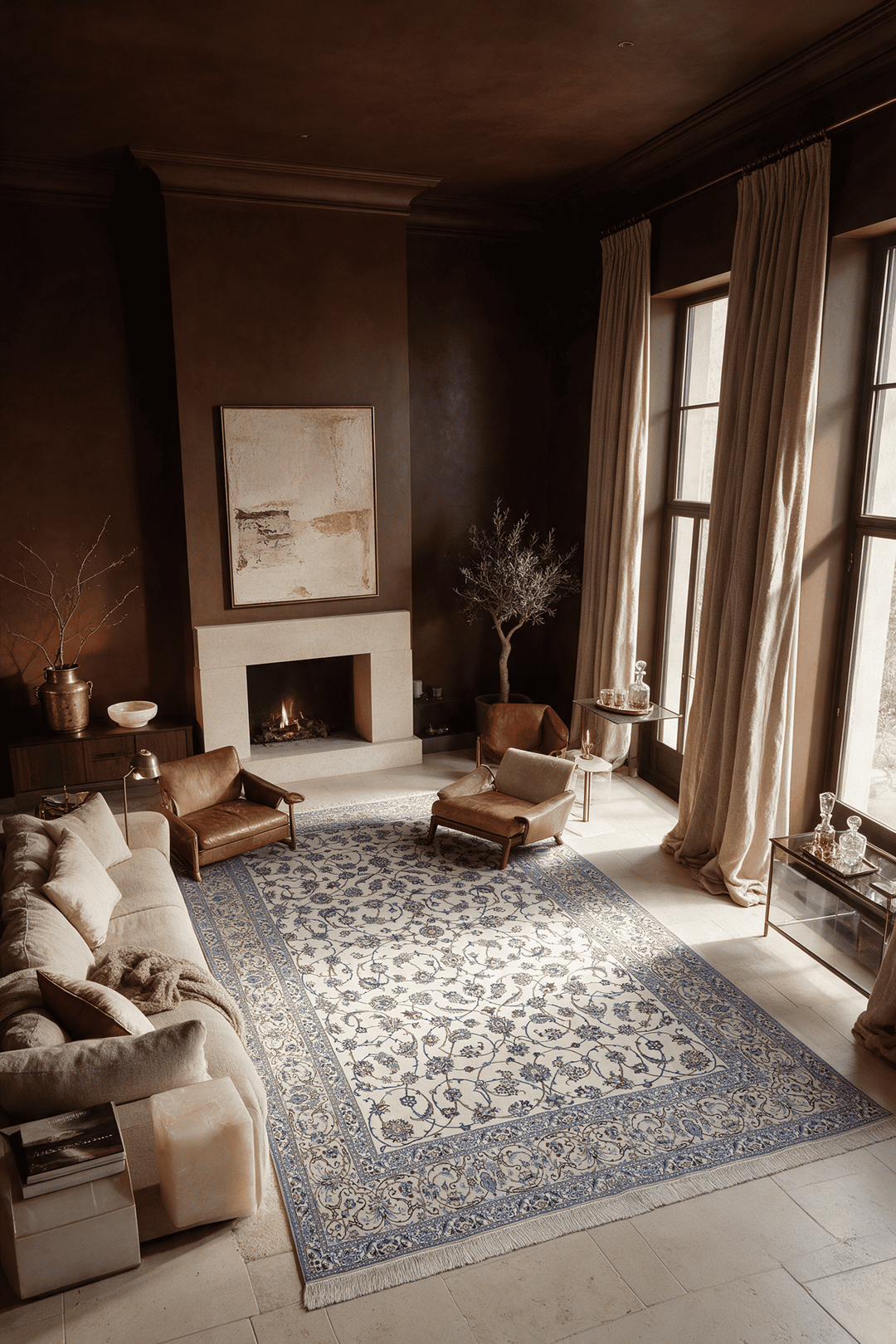 Arabesque field detail in ivory and blue on Persian Nain rug