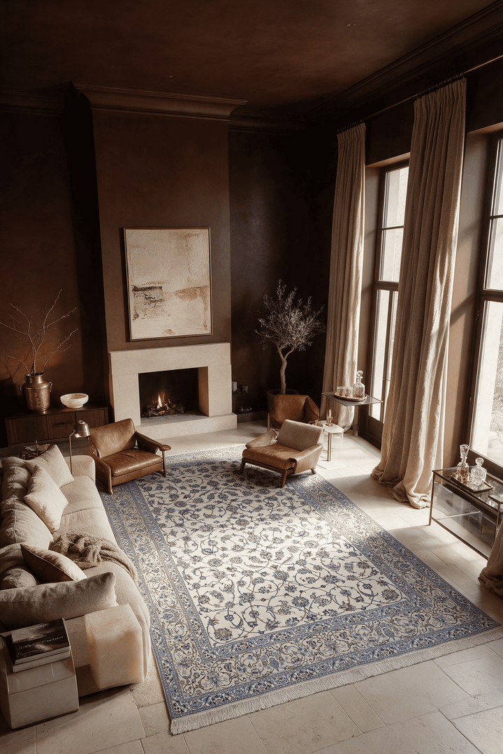 Arabesque field detail in ivory and blue on Persian Nain rug