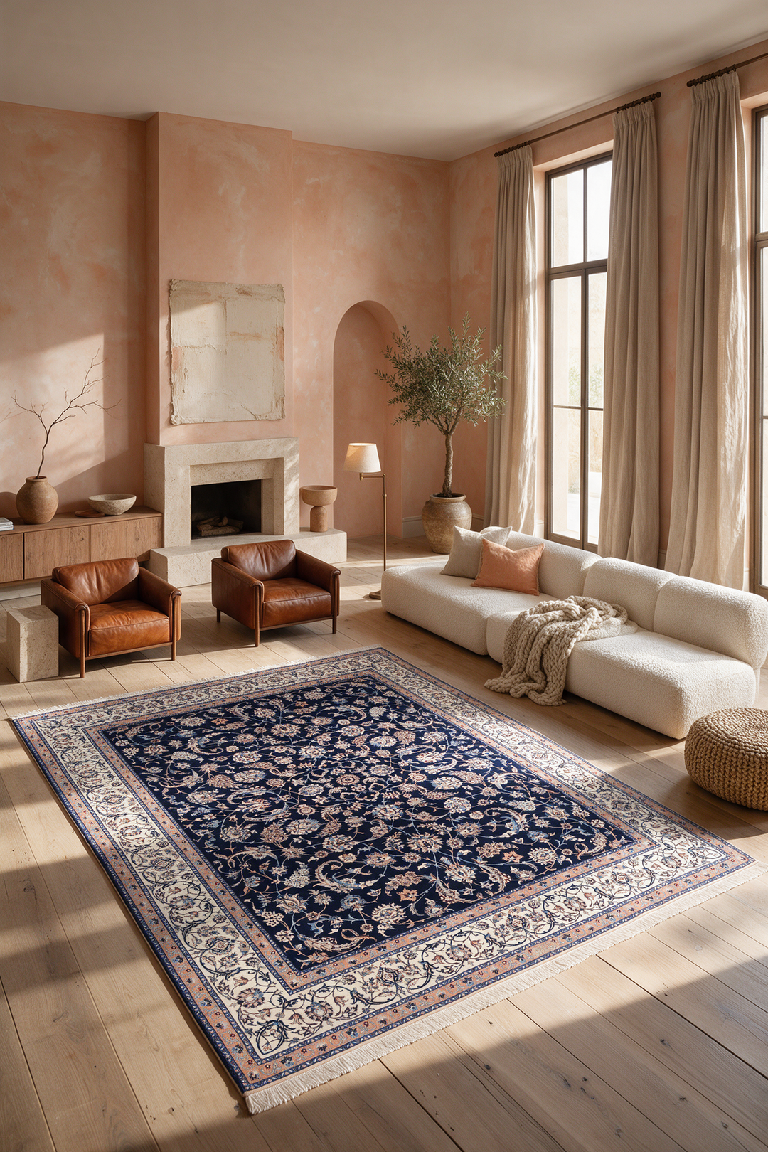 Navy and Ivory All-Over Arabesque Nain, Hand-Knotted Wool Rug