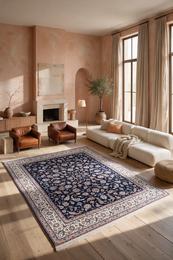Navy and Ivory All-Over Arabesque Nain, Hand-Knotted Wool Rug