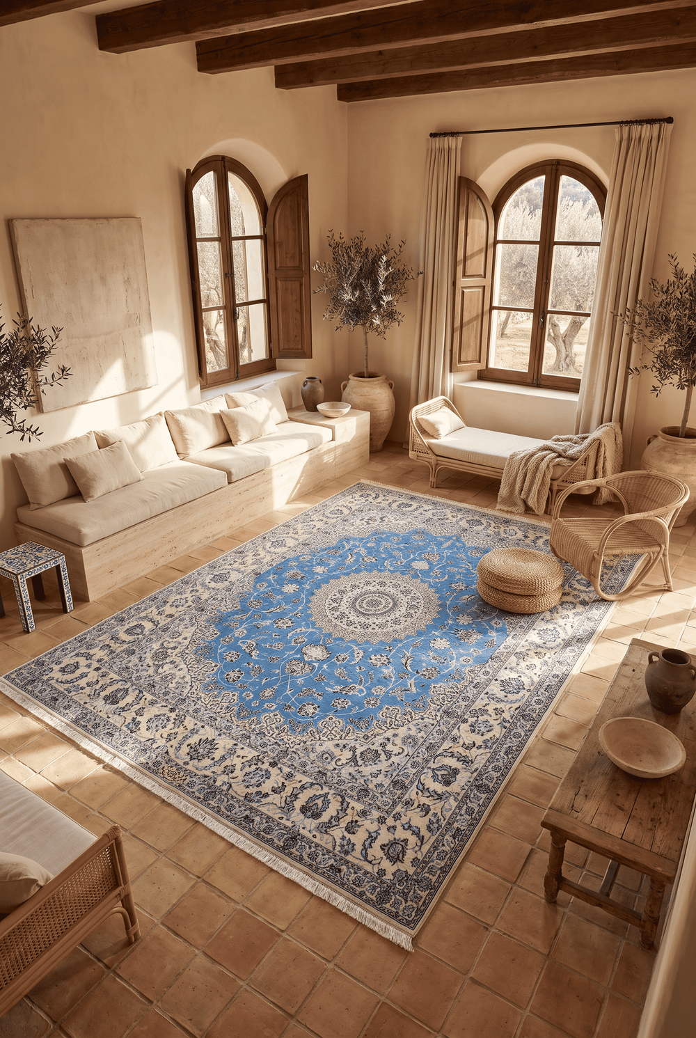 Gonbad dome medallion detail in blue and ivory on Nain rug