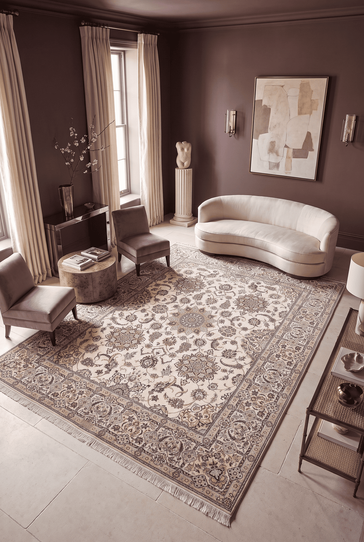 Five medallion and boteh detail in ivory and beige on Nain rug
