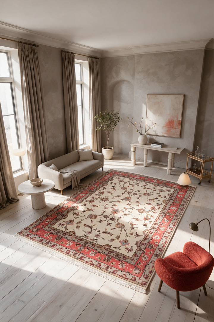 Ivory and Coral Serrated Leaf Tabriz, Hand-Knotted Wool Rug
