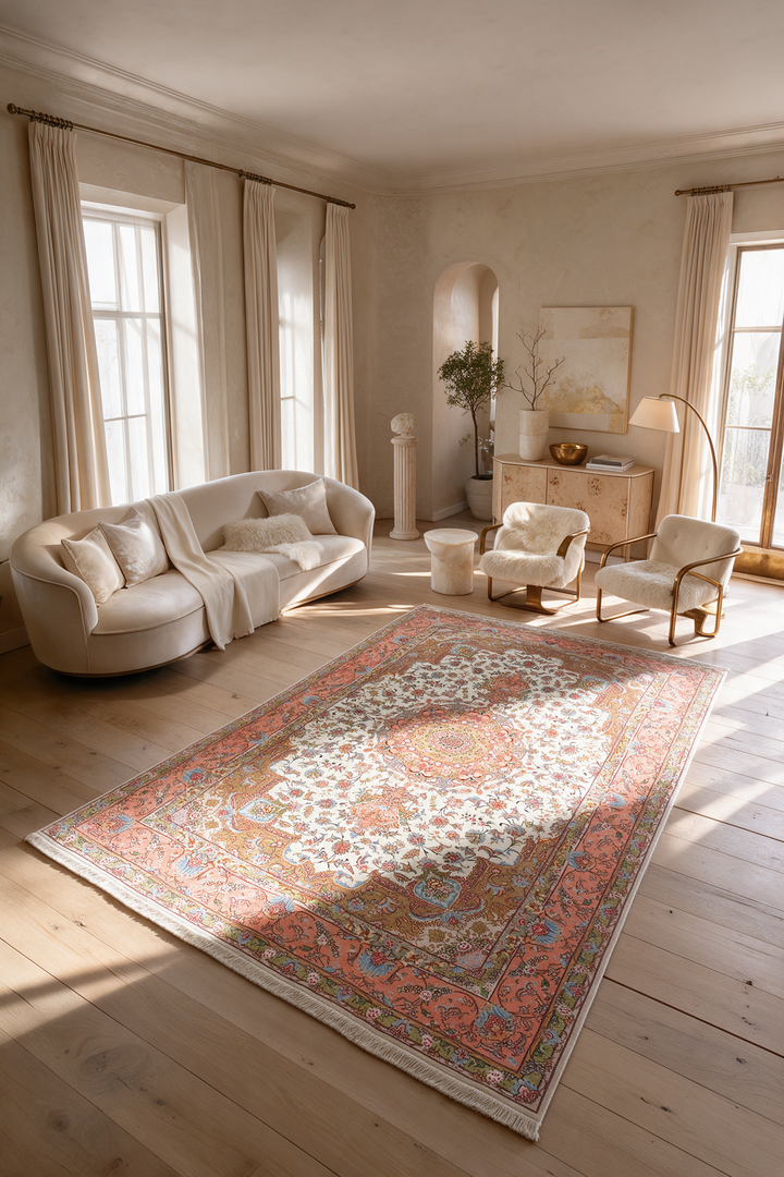 Ivory and Coral Radiating Medallion Tabriz, Hand-Knotted Wool Rug