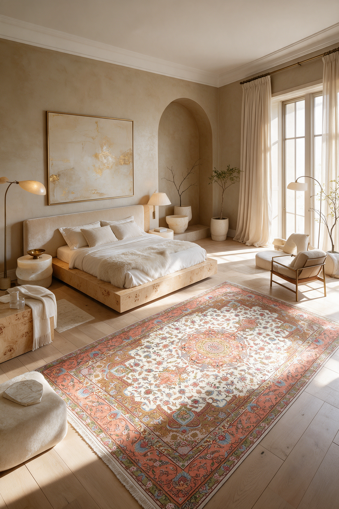 Ivory and Coral Radiating Medallion Tabriz, Hand-Knotted Wool Rug