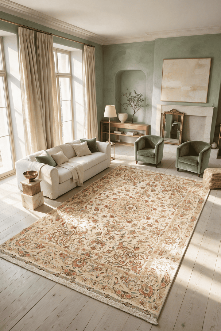 Radiating medallion detail in cream and gold on Tabriz rug