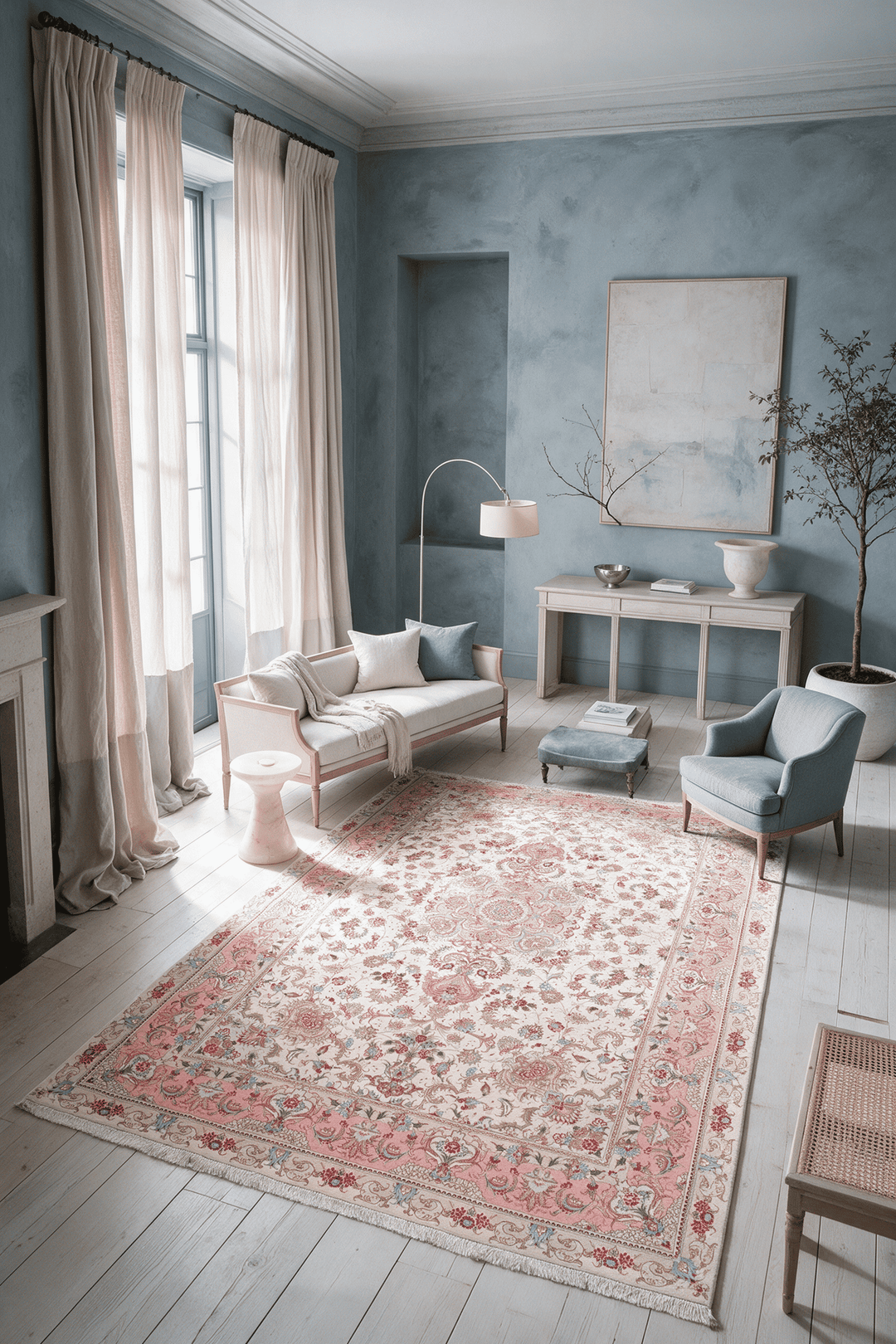 Floral field detail on cream rose Persian Tabriz rug
