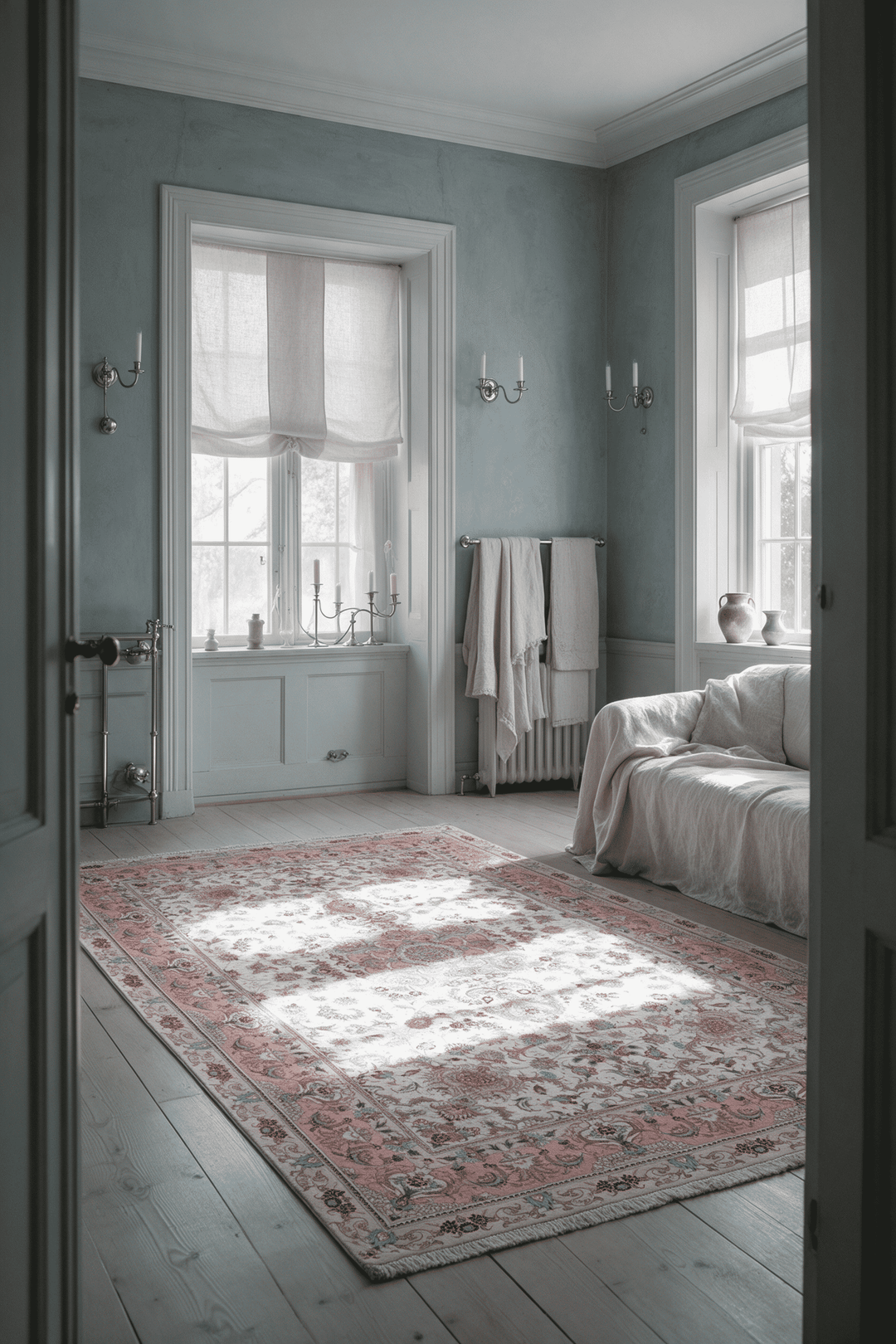 Medallion detail in cream and rose pink on Tabriz rug