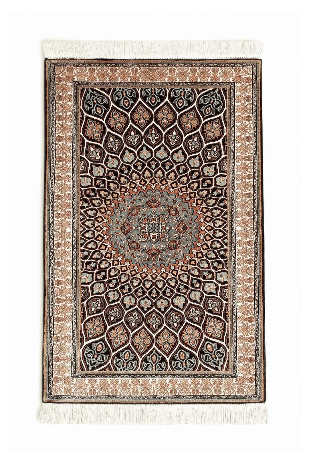 エスプレッソのカシミール シルク絨毯（メダリオン柄） 60×94cm・玄関マットの手織りシルクラグ