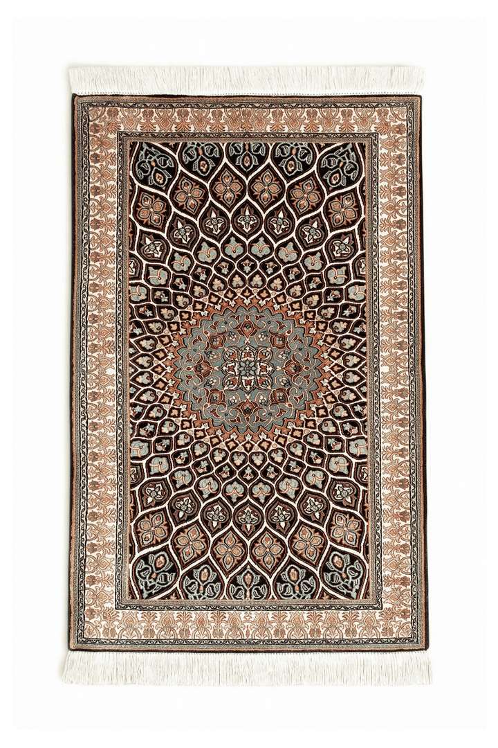 エスプレッソのカシミール シルク絨毯（メダリオン柄） 60×94cm・玄関マットの手織りシルクラグ