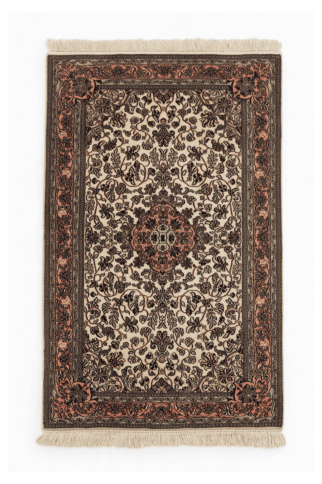 アイボリーのカシミール シルク絨毯（メダリオン柄） 62×96cm・玄関マットの手織りシルクラグ