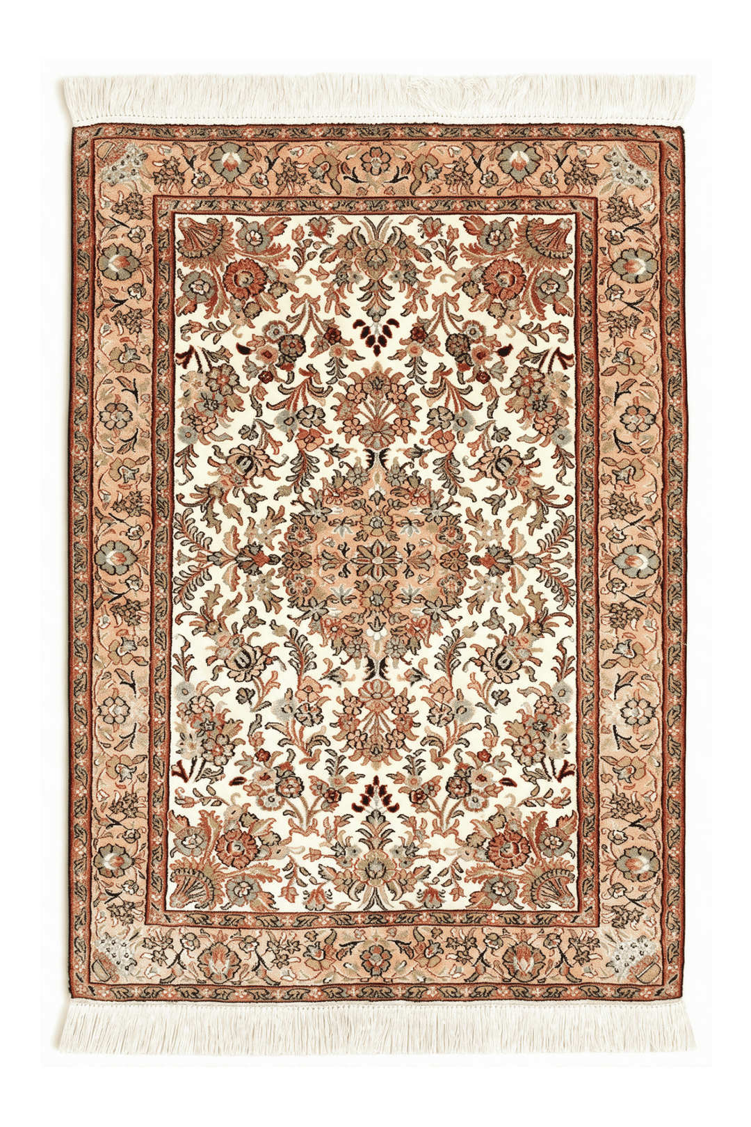 アイボリーのカシミール シルク絨毯（メダリオン柄） 63×94cm・玄関マットの手織りシルクラグ