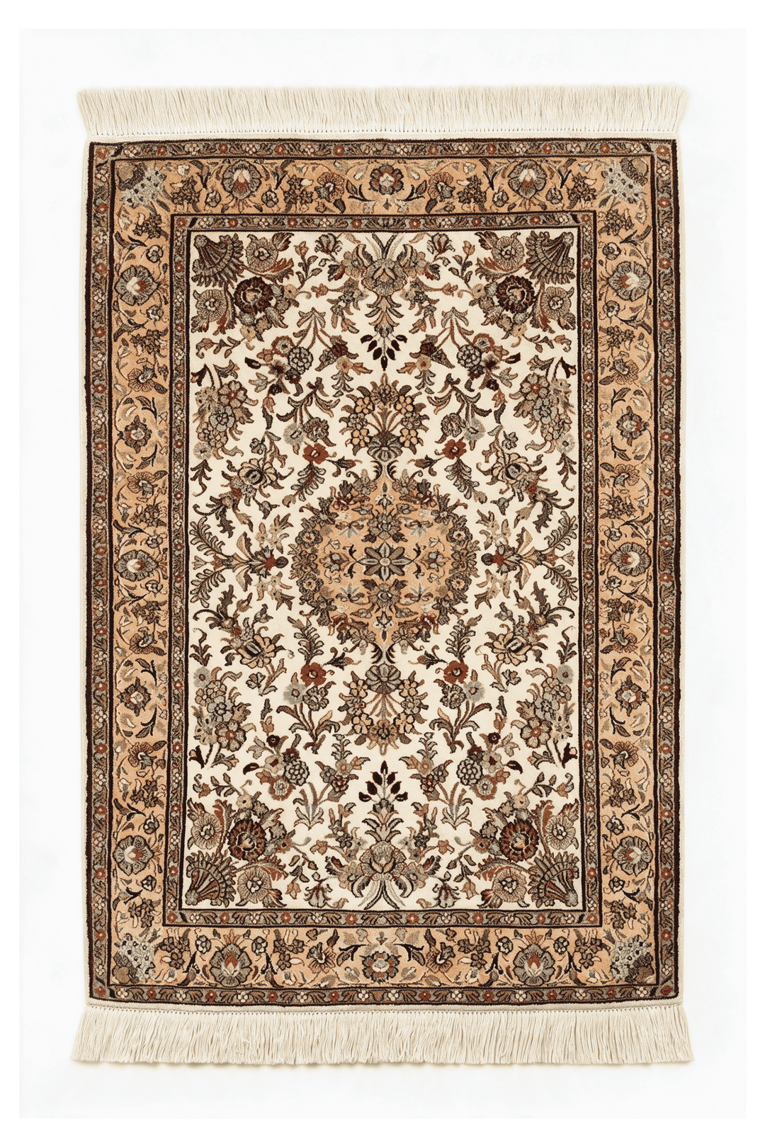 アイボリーのカシミール シルク絨毯（メダリオン柄） 66×94cm・玄関マットの手織りシルクラグ