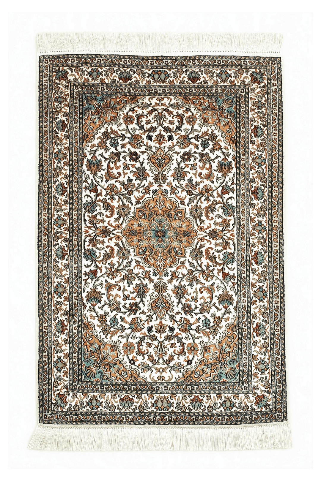 アイボリーのカシミール シルク絨毯（メダリオン柄） 66×98cm・玄関マットの手織りシルクラグ