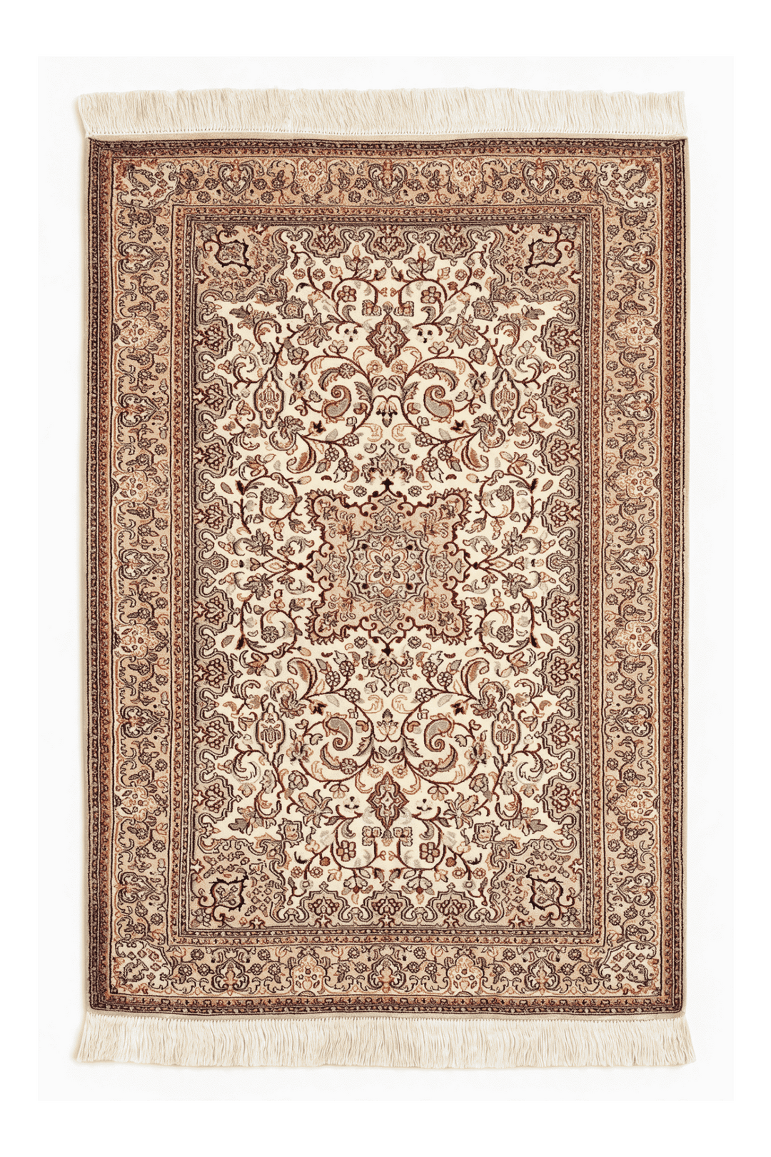 アイボリーのカシミール シルク絨毯（メダリオン柄） 68×96cm・玄関マットの手織りシルクラグ