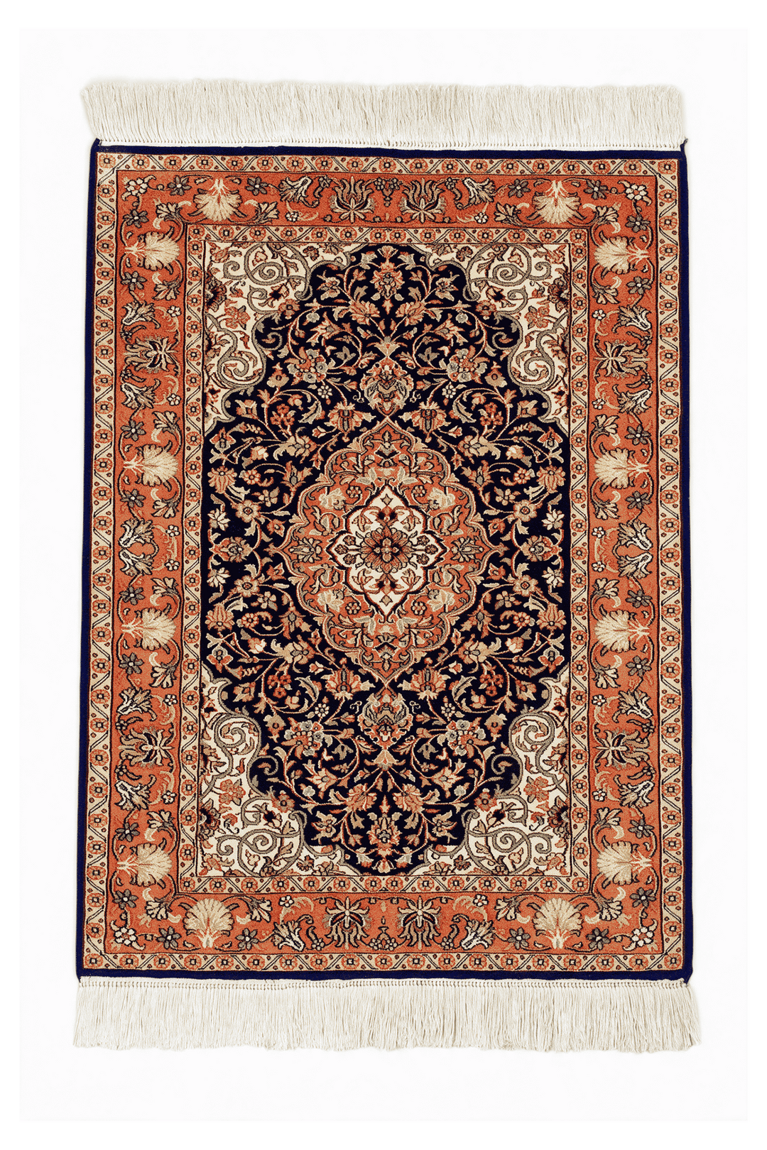 ネイビーブルーのカシミール シルク絨毯（メダリオン柄） 63×92cm・玄関マットの手織りシルクラグ