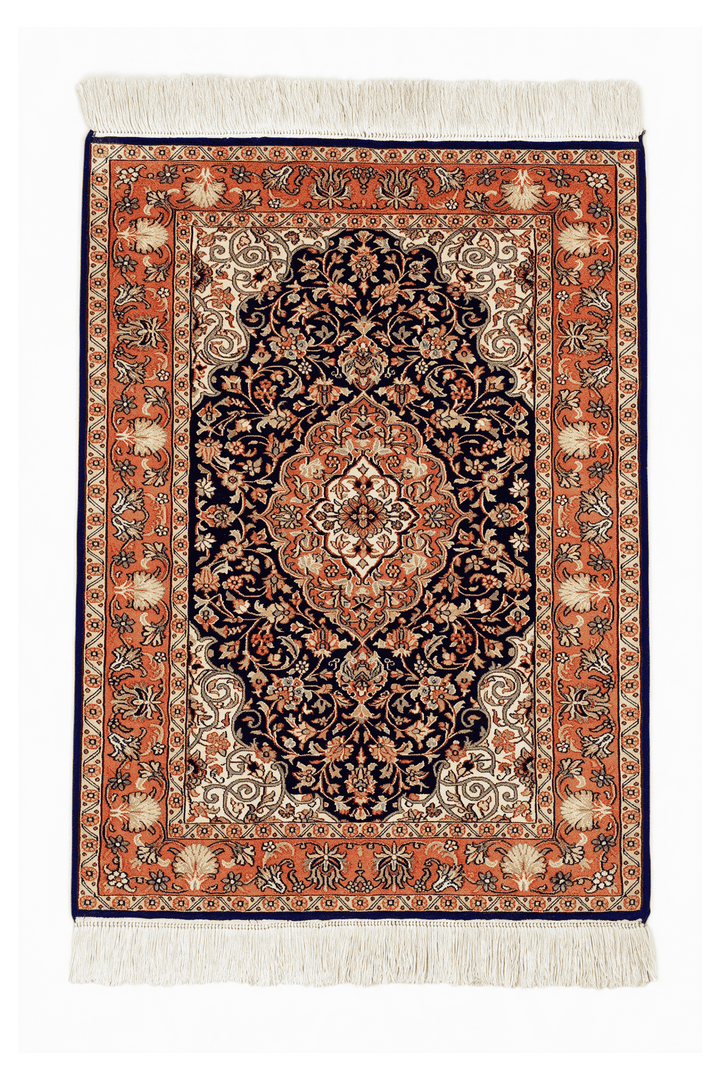 ネイビーブルーのカシミール シルク絨毯（メダリオン柄） 63×92cm・玄関マットの手織りシルクラグ