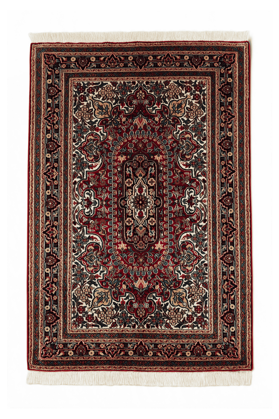 ネイビーブルーのカシミール シルク絨毯（メダリオン柄） 63×95cm・玄関マットの手織りシルクラグ