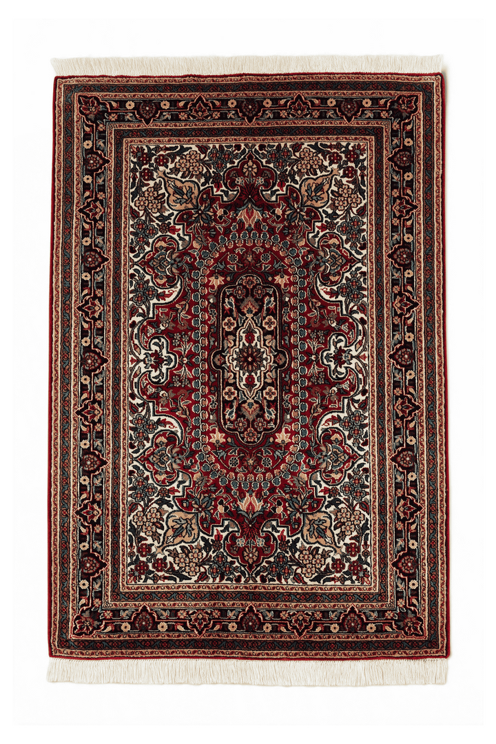 ネイビーブルーのカシミール シルク絨毯（メダリオン柄） 63×95cm・玄関マットの手織りシルクラグ
