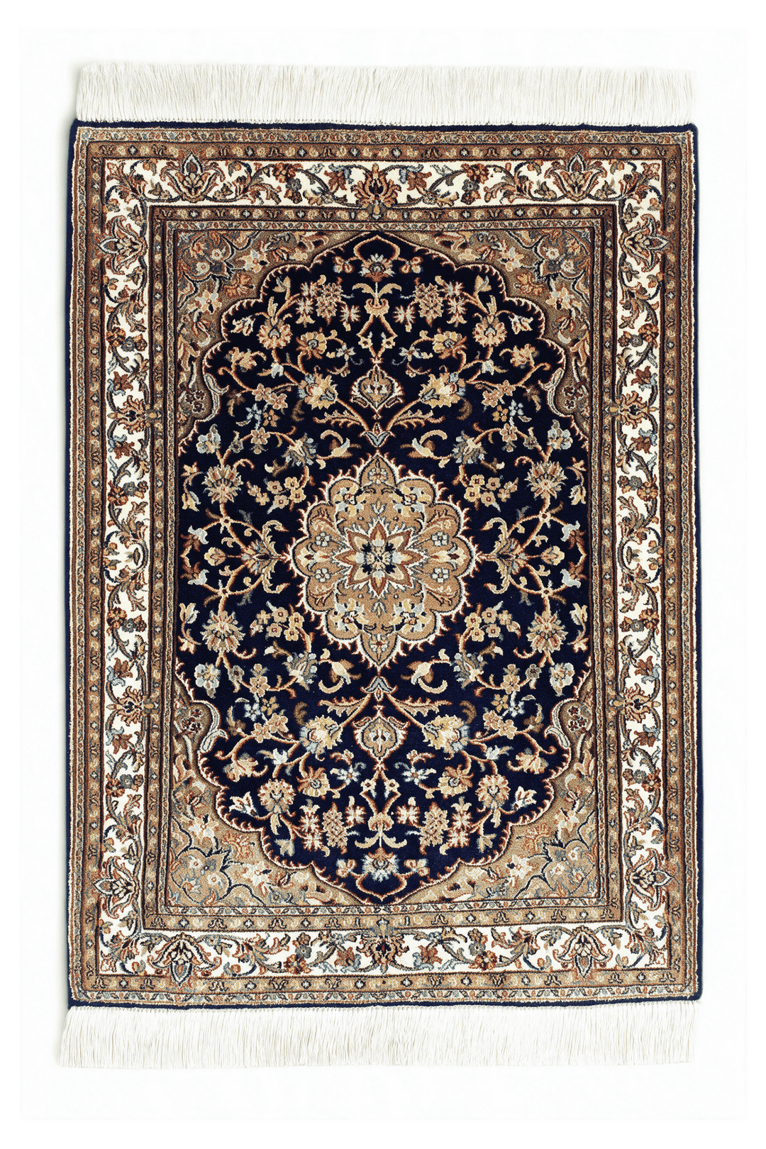 ネイビーブルーのカシミール シルク絨毯（メダリオン柄） 64×89cm・玄関マットの手織りシルクラグ